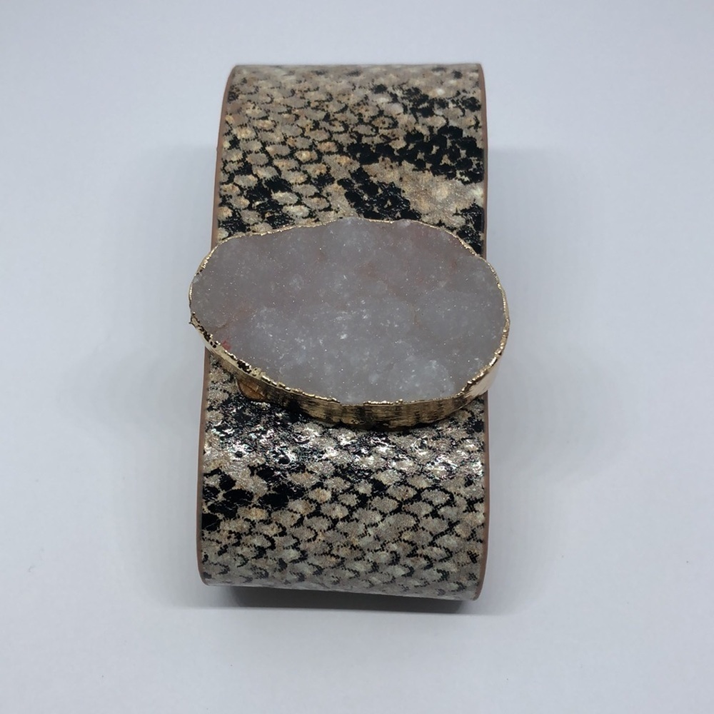 Faux snakeskin druzy stone wide trendy dressy night out statement bracelet.